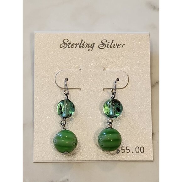 Sterling Silver Green Glass Bead Dangle Earrings - Picture 1 of 5